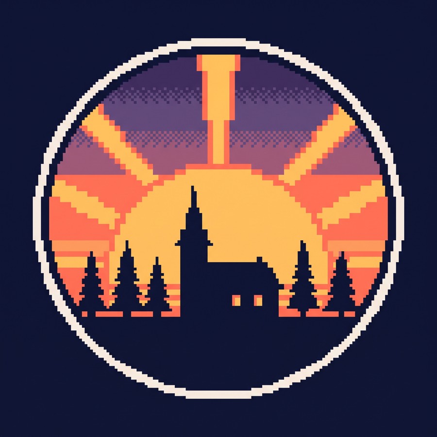 Till Sunrise seal: the sun rising behind a church tower